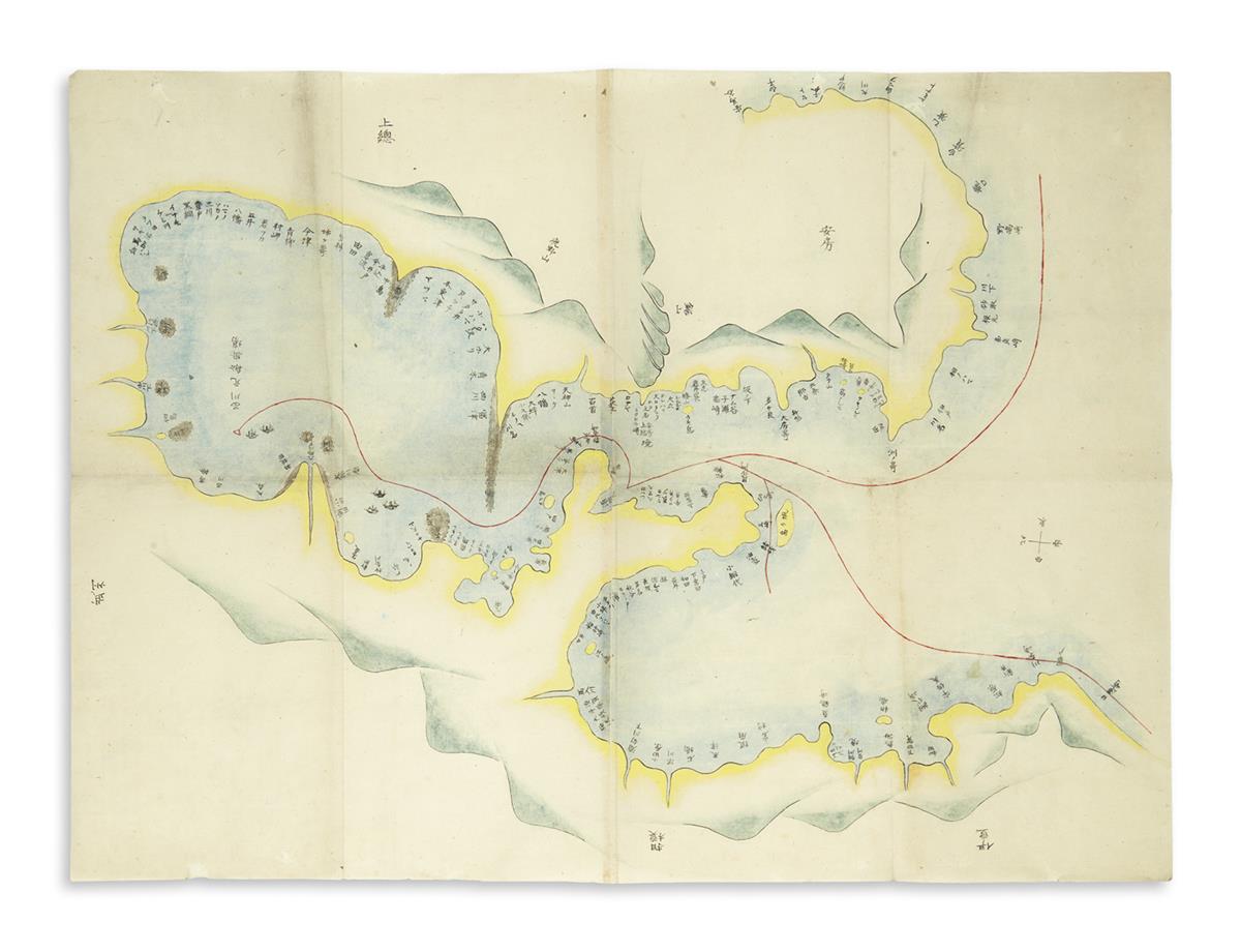 (JAPAN -- PERRY.) Fine manuscript map of Commodore Perrys Black Ship squadron entering Edo Bay.